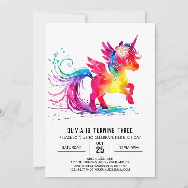 Invitación Adorable Personalizado Unicorn Cumpleaños Digital (Anverso)