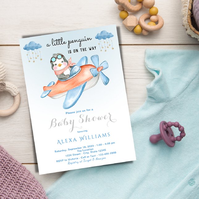 Invitación Adorable pingüino tema azul bebé ducha de niño (Subido por el creador)