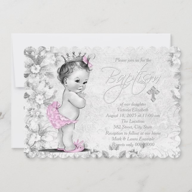 Invitación Adorable Princesa Vintage Bautismo rosa y Gris (Anverso)