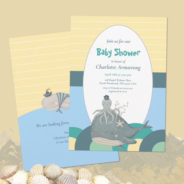Invitación Adorable pulpo de ballena náutico Baby Shower amar (Adorable Nautical Whale Squid Yellow Baby Shower Invitation ©Susanne Sachers - Sunny Mind Design 🌞)