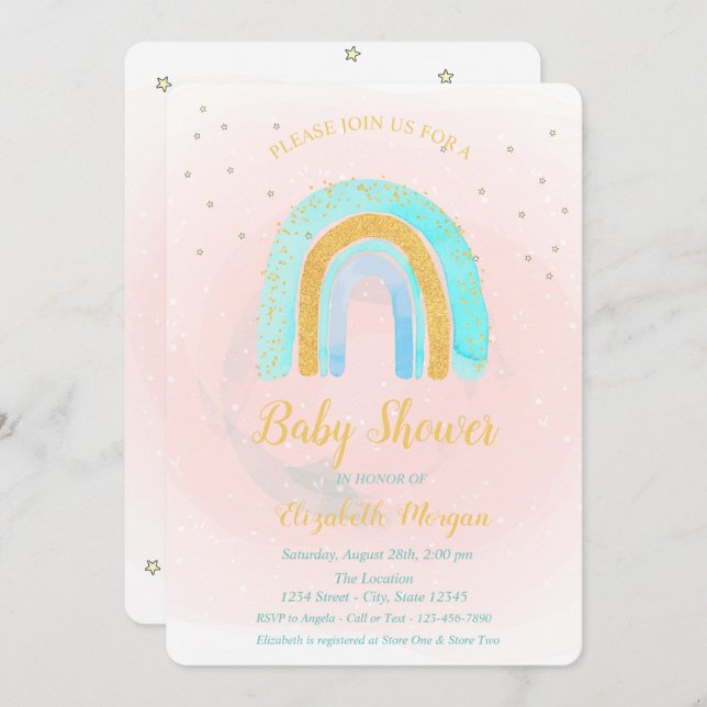 Invitación Adorable Purpurina Rainbow Stars Baby Shower (Anverso / Reverso)