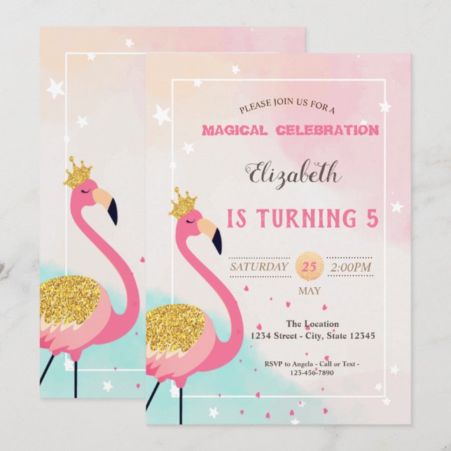 Invitación Adorable Purpurina Rosa Flamingo Cumpleaños (Anverso / Reverso)