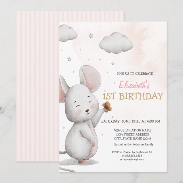 Invitación Adorable Ratón Dulce Rayado Cumpleaños (Anverso / Reverso)