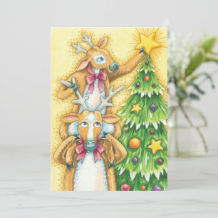 Invitación Adorable Reno de Navidad con Estrella de Árbol de 