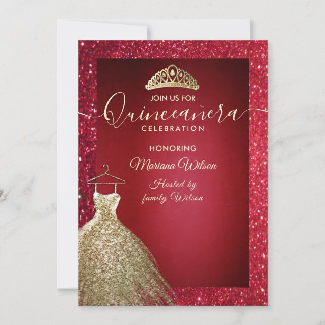 Invitación Adorable rojo las secuelas de oro vestido tiara Qu (Anverso)
