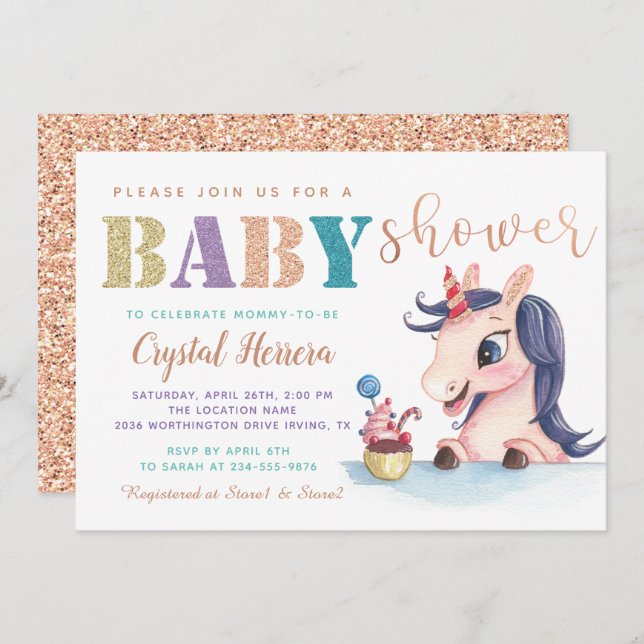 Invitación Adorable Rosa Gold Purpurina Unicorn Baby Shower (Anverso / Reverso)