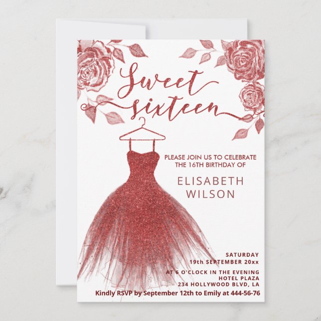 Invitación Adorable Roses Rojos Rojos vestido rojo purpurinos (Anverso)