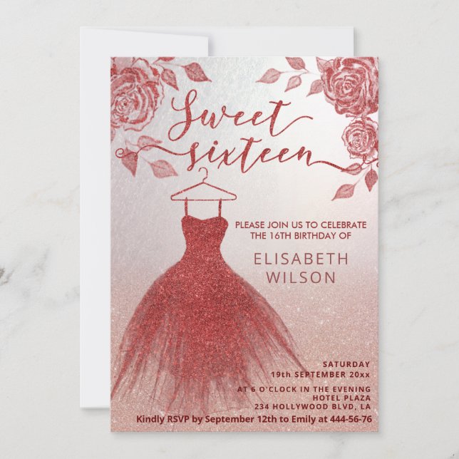 Invitación Adorable Roses Rojos vestido rojo purpurinoso (Anverso)