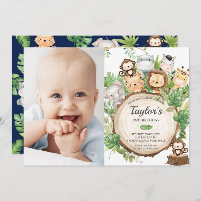 Invitación Adorable Selva Safari Greenery Primer cumpleaños F (Anverso / Reverso)