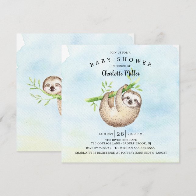 Invitación Adorable Sloth Baby Shower (Anverso / Reverso)
