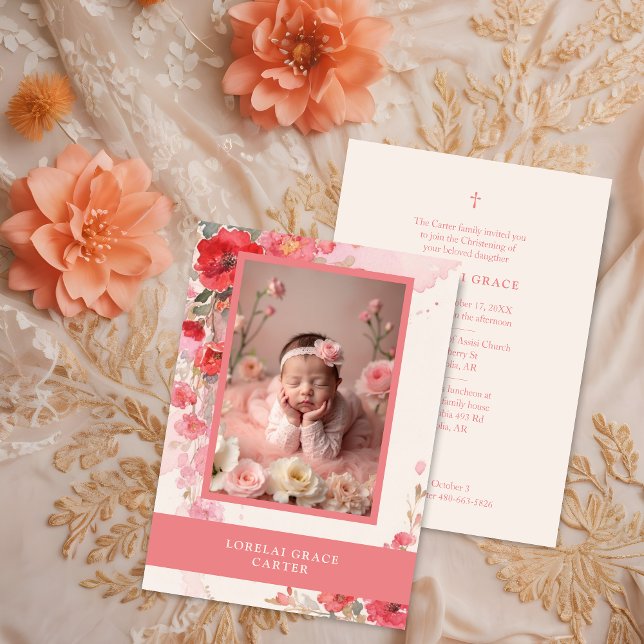 Invitación Adorable Sweet Pastel Coral Floral Photo Baptism  (Adorable Sweet Pastel Coral Floral Illustration Baptism Invitation Card with Baby Photo.)