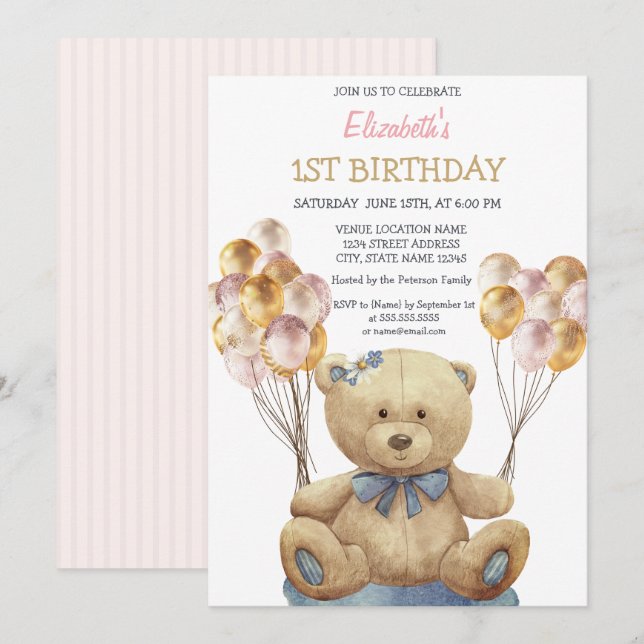 Invitación Adorable Teddy Bear Globos A La Luz (Anverso / Reverso)
