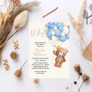 Invitación Adorable Teddy Bear Oh Boy Blue Balloon Baby
