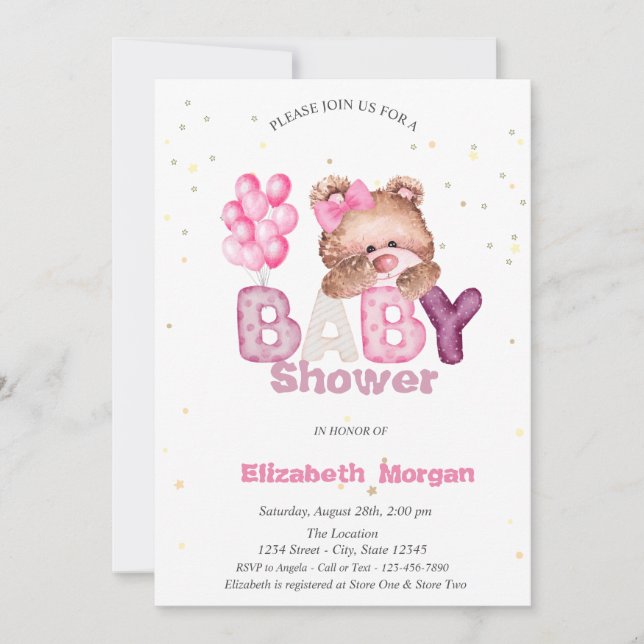 Invitación Adorable Teddy Bear Stars Balloons Baby Shower (Anverso)