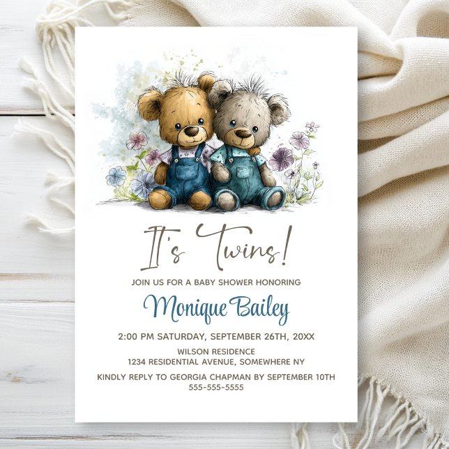 Invitación Adorable Teddy Bear Twins Baby Shower (Subido por el creador)