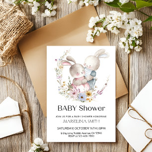Invitación Adorable Twin Bunnies Baby Shower