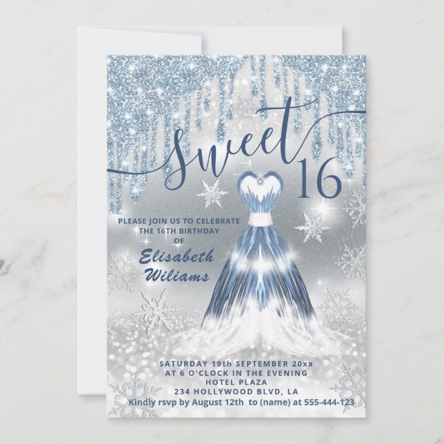 Invitación Adorable vestido azul brillante goteo plateado pur (Anverso)