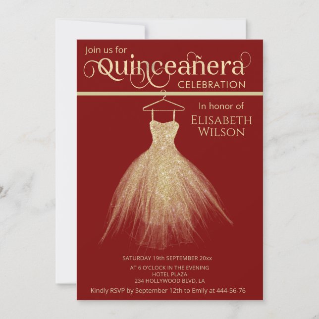 Invitación Adorable vestido de oro de moda rojo Quinceañera (Anverso)
