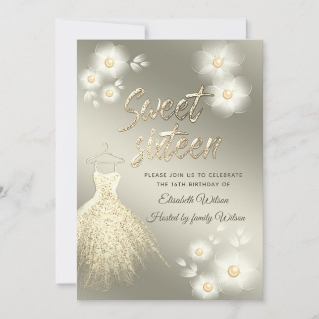 Invitación Adorable vestido de oro perla floral dulce diecisé (Anverso)