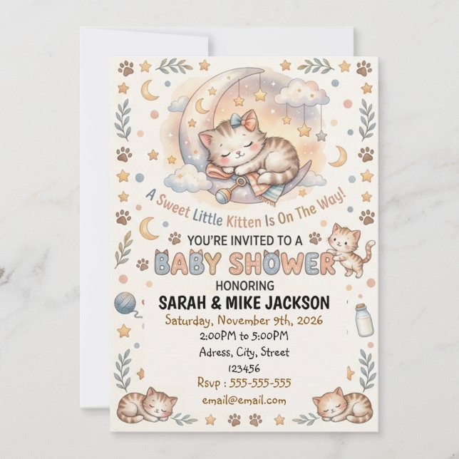 Invitación Adorable Watercolor Cat Themed Baby Shower (Anverso)