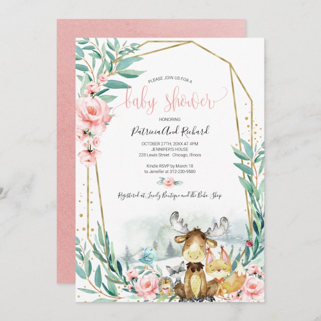 Invitación Adorable Woodland Floral Greenery Baby Shower (Anverso / Reverso)