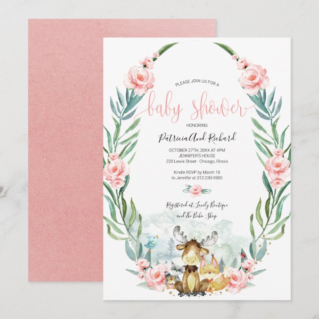 Invitación Adorable Woodland Floral Greenery Baby Shower (Anverso / Reverso)