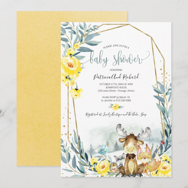 Invitación Adorable Woodland Floral Greenery Baby Shower (Anverso / Reverso)