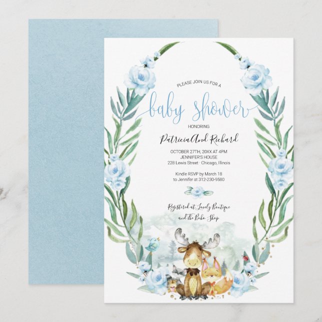 Invitación Adorable Woodland Floral Greenery Baby Shower (Anverso / Reverso)