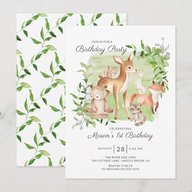 Invitación Adorable Woodland Friends Boys primer cumpleaños (Anverso / Reverso)