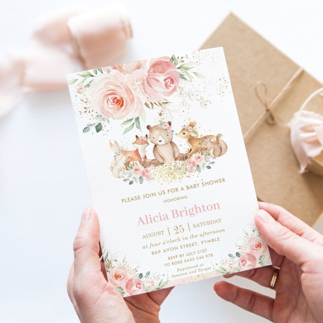 Invitación Adorable Woodland Rubor Floral Girly Baby Shower (Subido por el creador)
