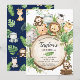 Invitación Adorables animales de la jungla verde primer cumpl