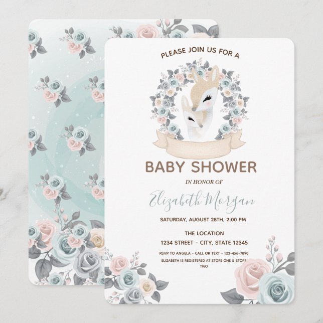 Invitación Adorables bebés renos Flores Baby Shower (Anverso / Reverso)