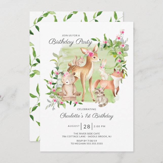 Invitación Adorables Chicas de amigos de Woodland Primer cump (Anverso / Reverso)