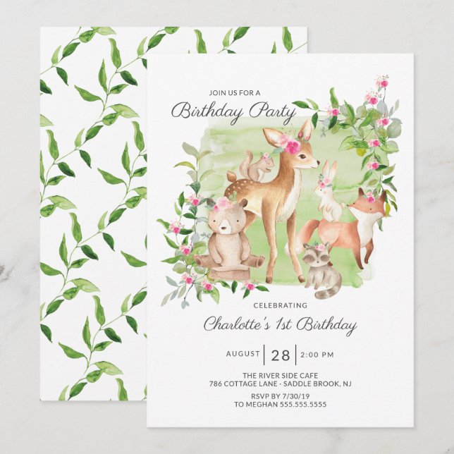 Invitación Adorables Chicas de amigos de Woodland Primer cump (Anverso / Reverso)