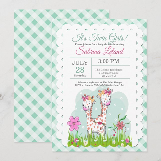 Invitación Adorables Chicas gemelos Giraffes Baby Shower (Anverso / Reverso)