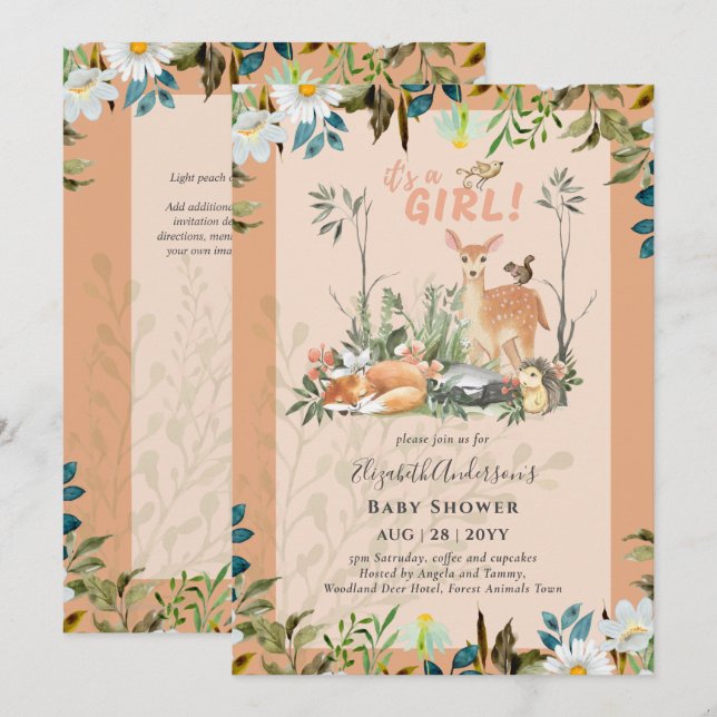 Invitación Adorables CHICAS Woodland Deer Baby Shower Coral (Anverso / Reverso)