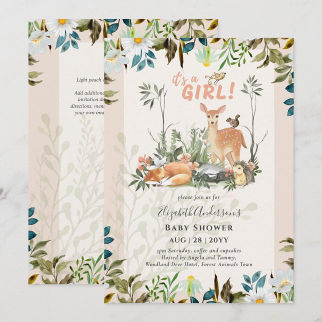 Invitación Adorables CHICAS Woodland Deer Baby Shower Coral I (Anverso / Reverso)