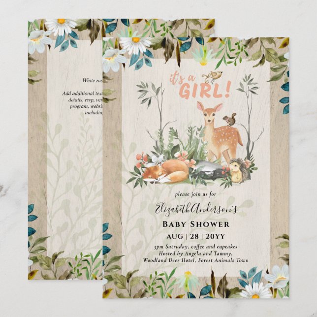 Invitación Adorables CHICAS Woodland Deer Baby Shower entran  (Anverso / Reverso)