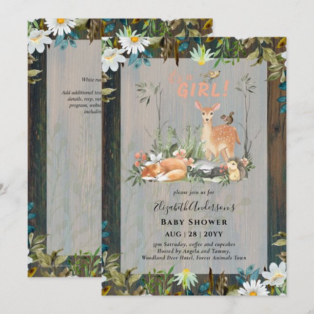 Invitación Adorables CHICAS Woodland Deer Baby Shower entran  (Anverso / Reverso)