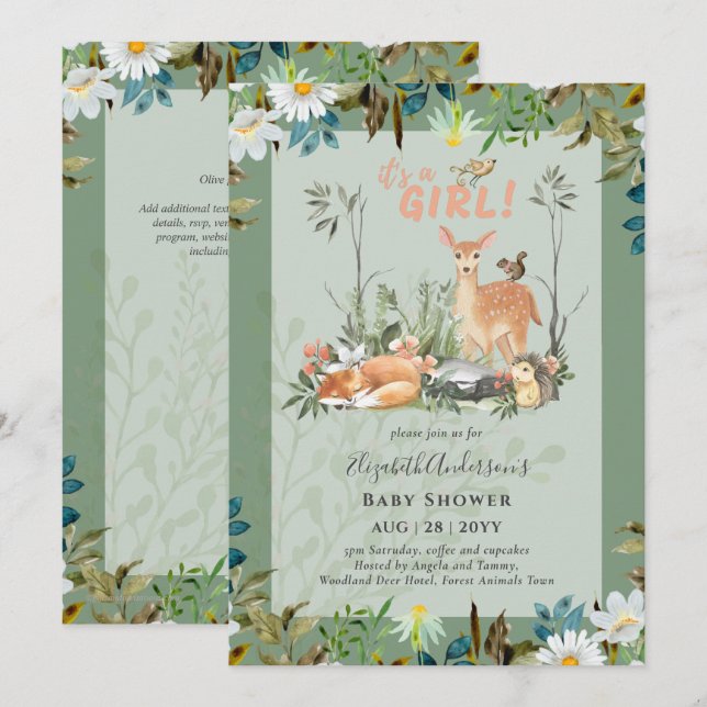 Invitación Adorables CHICAS Woodland Deer Baby Shower Green I (Anverso / Reverso)