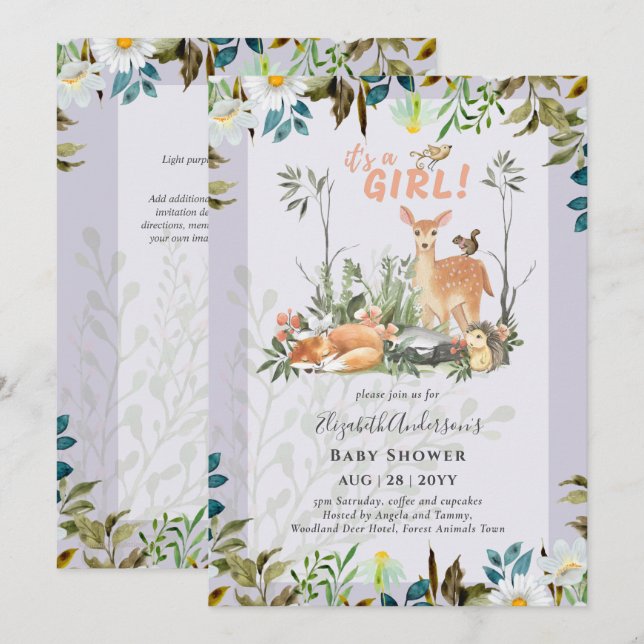 Invitación Adorables CHICAS Woodland Deer Baby Shower Lilac (Anverso / Reverso)