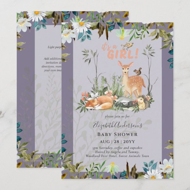 Invitación Adorables CHICAS Woodland Deer Baby Shower Lilac I (Anverso / Reverso)