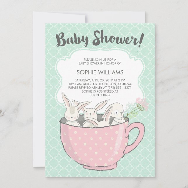 Invitación Adorables conejitos blancos en Baby Shower de Teac (Anverso)
