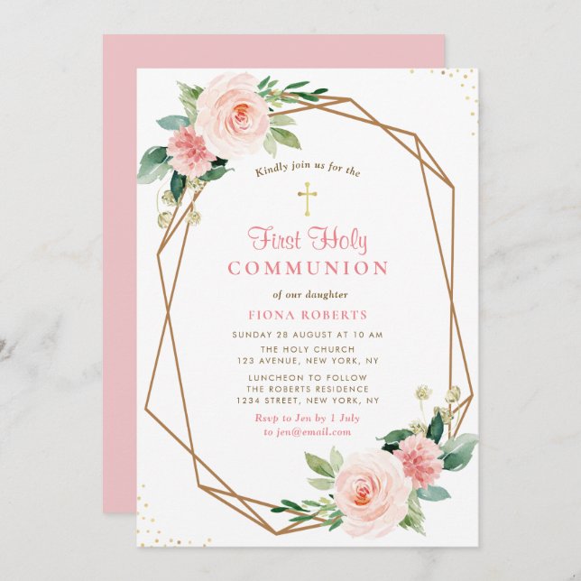 Invitación adorables flores rosas primero sagrada comunión (Anverso / Reverso)