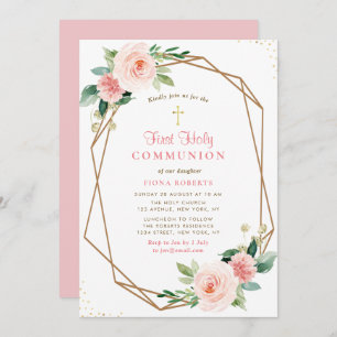 Invitación adorables flores rosas primero sagrada comunión