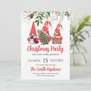Invitación Adorables Gnomos Rojo Acuarela Pequeña Fiesta de N