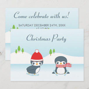 Invitación Adorables Pingüinos Patinando en la Fiesta de Navi