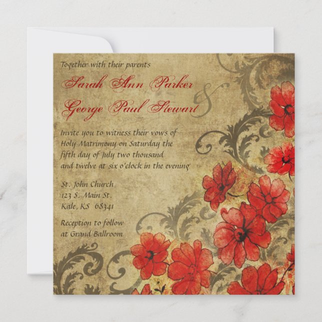 Invitación Adormidera roja con bodas antiguas florecientes (Anverso)