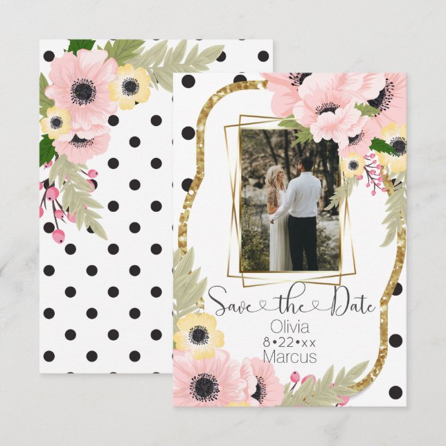 Invitación Adormidera rosa salva la foto con flores de fecha (Anverso / Reverso)