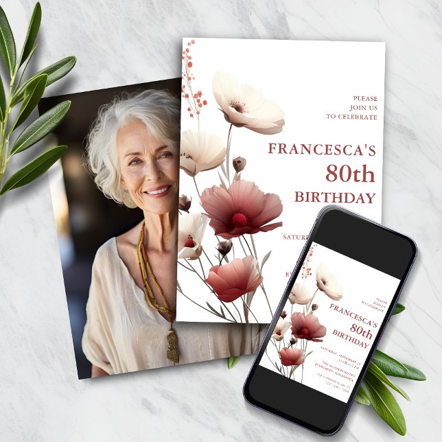 Invitación Adormidera rosa y blanca 80 cumpleaños (Subido por el creador)